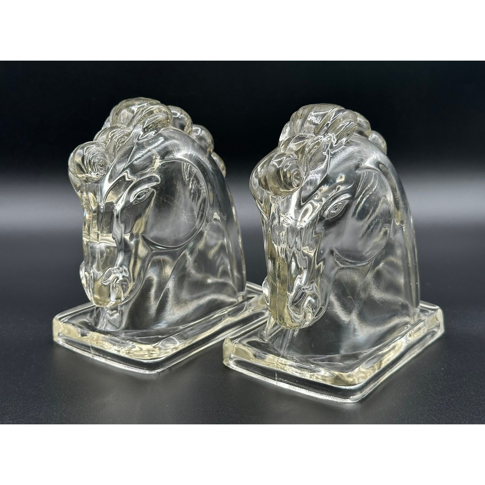 Vintage Clear Glass Horse Head Bookends Set Equestrian Mid Century Decor 5.5"
